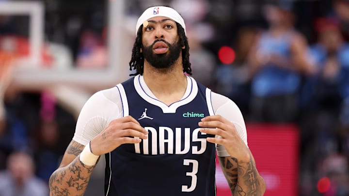 Apr 5, 2025; Inglewood, California, USA;  Dallas Mavericks forward Anthony Davis (3) looks on during the second half against the Los Angeles Clippers at Intuit Dome. Mandatory Credit: Kiyoshi Mio-Imagn Images