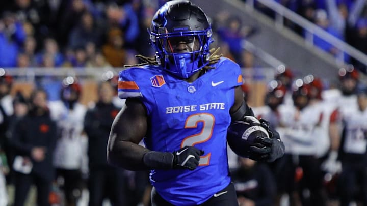Nov 1, 2024; Boise, Idaho, USA; Boise State Broncos running back Ashton Jeanty (2) scores during the second half against the San Diego State Aztecs at Albertsons Stadium. Boise State defeats San Diego State  56-24. Mandatory Credit: Brian Losness-Imagn Images