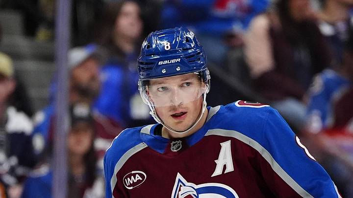 Apr 16, 2026; Denver, Colorado, USA; Colorado Avalanche defenseman Cale Makar (8) during the first period against the Seattle Kraken at Ball Arena. Mandatory Credit: Ron Chenoy-Imagn Images