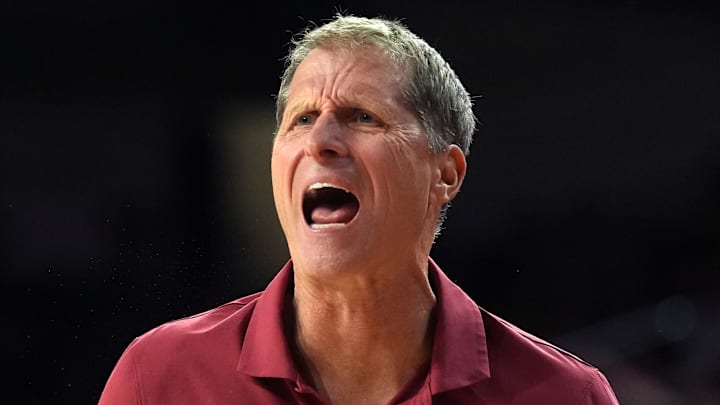 Jan 31, 2026; Los Angeles, California, USA; Southern California Trojans head coach Eric Musselman reacts against the Rutgers Scarlet Knights in the second half at Galen Center. Mandatory Credit: Kirby Lee-Imagn Images