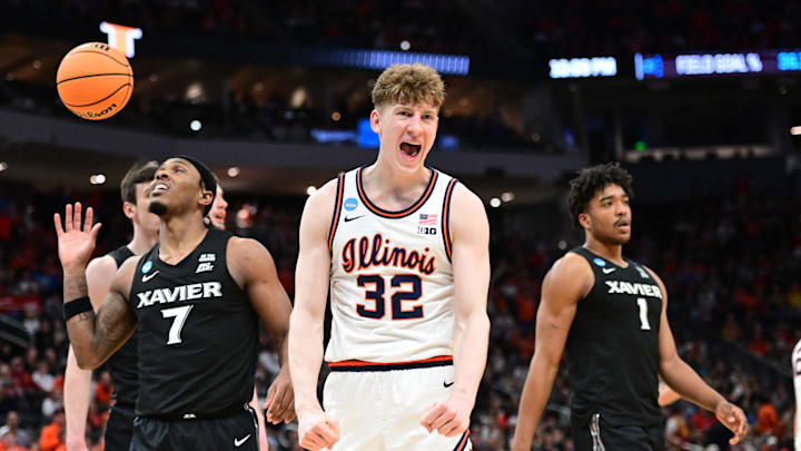 Mar 21, 2025; Milwaukee, WI, USA: Illinois Fighting Illini guard Kasparas Jakucionis (32) reacts during the second half against the Xavier Musketeers at Fiserv Forum. Mandatory Credit: Benny Sieu-Imagn Images
