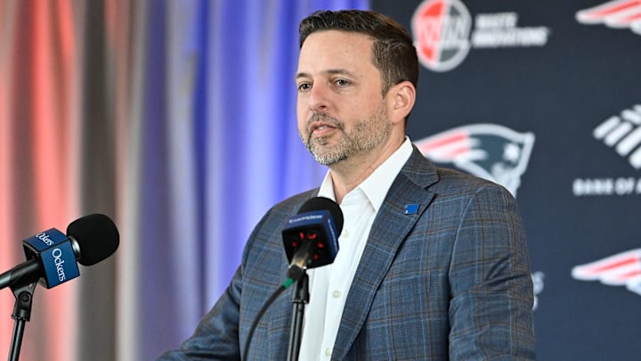 Mar 13, 2025; Foxborough, MA, USA; New England Patriots executive vice president of player personnel Eliot Wolf  discusses the teamís recent free agent additions with the media at Gillette Stadium. Mandatory Credit: Eric Canha-Imagn Images