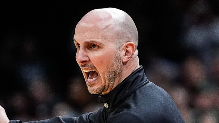 Bryant head coach Phil Martelli Jr. reacts to a play against Michigan State during the first half of the First Round of NCAA Tournament at Rocket Arena in Cleveland, Ohio on Friday, March 21, 2025.