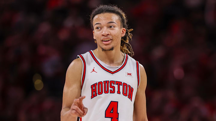 Mar 4, 2026; Houston, Texas, USA; Houston Cougars guard Kingston Flemings (4) reacts while playing against the Baylor Bears in the second half at Fertitta Center. Mandatory Credit: Thomas Shea-Imagn Images