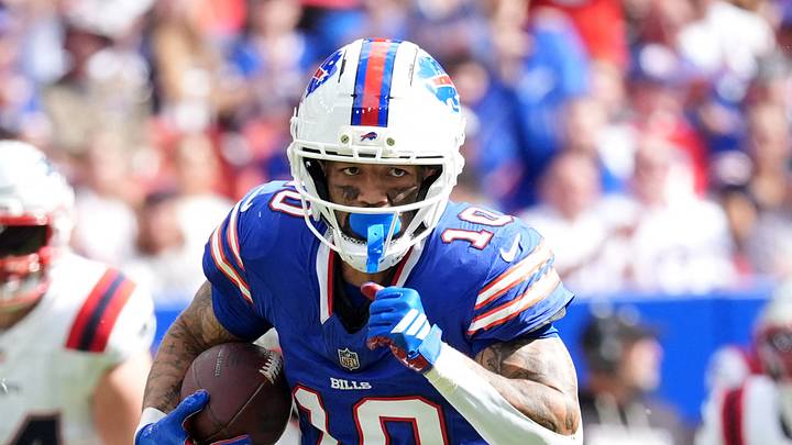 Oct 4, 2026; Orchard Park, New York, USA;  Buffalo Bills wide receiver Khalil Shakir (10) runs after making a catch during the second quarter against the New England Patriots at New Highmark Stadium.  Mandatory Credit: Gregory Fisher-Imagn Images