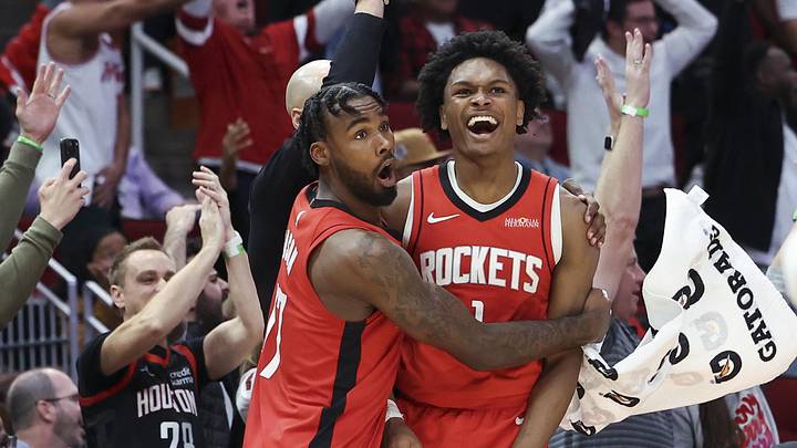 Dec 1, 2024; Houston, Texas, USA; Houston Rockets forward Tari Eason (17) and forward Amen Thompson (1) celebrate after a play during the fourth quarter against the Oklahoma City Thunder at Toyota Center. Mandatory Credit: Troy Taormina-Imagn Images Dec 1, 2024; Houston, Texas, USA; Houston Rockets forward Tari Eason (17) and forward Amen Thompson (1) celebrate after a play during the fourth quarter against the Oklahoma City Thunder at Toyota Center. Mandatory Credit: Troy Taormina-Imagn Images