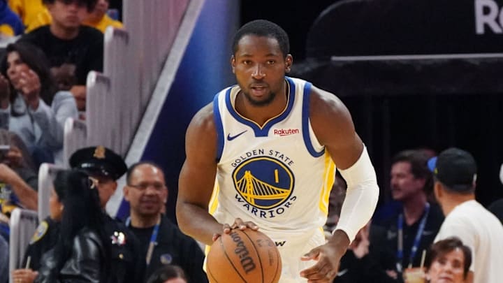 Oct 5, 2025; San Francisco, California, USA;  Golden State Warriors forward Jonathan Kuminga (1) dribbles upcourt against the Los Angeles Lakers in the third quarter at Chase Center. Mandatory Credit: David Gonzales-Imagn Images