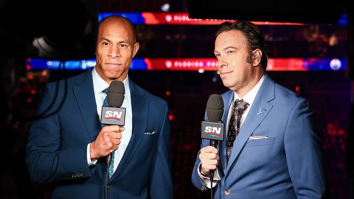Jun 15, 2024; Edmonton, Alberta, CAN; Sportsnet host David Amber (left) and NHL Insider Elliotte Friedman (right) prior to the game between the Edmonton Oilers and the Florida Panthers in game four of the 2024 Stanley Cup Final at Rogers Place. Mandatory Credit: Sergei Belski-USA TODAY Sports Jun 15, 2024; Edmonton, Alberta, CAN; Sportsnet host David Amber (left) and NHL Insider Elliotte Friedman (right) prior to the game between the Edmonton Oilers and the Florida Panthers in game four of the 2024 Stanley Cup Final at Rogers Place. Mandatory Credit: Sergei Belski-USA TODAY Sports