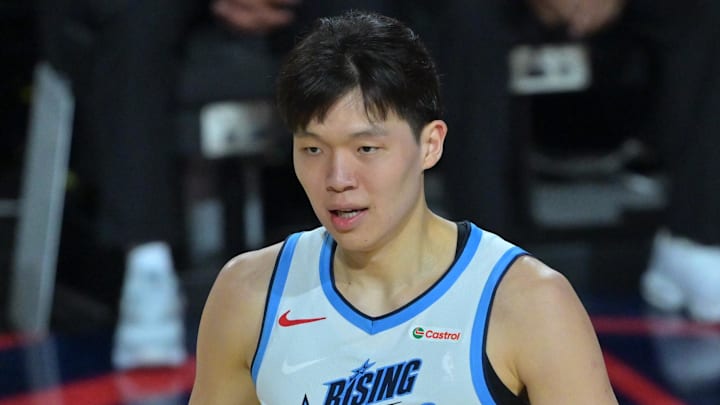 Feb 13, 2026; Inglewood, California, USA; Team Austin frontcourt Yang Hansen (16) of the Portland Trail Blazers looks on during an NBA All Star Rising Stars game at Intuit Dome. Feb 13, 2026; Inglewood, California, USA; Team Austin frontcourt Yang Hansen (16) of the Portland Trail Blazers looks on during an NBA All Star Rising Stars game at Intuit Dome.