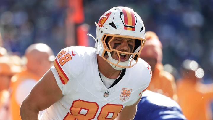 Tampa Bay Buccaneers tight end Cade Otton (88) reacts after making a catch against the Seattle Seahawks