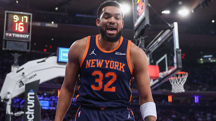 Mar 25, 2025; New York, New York, USA; New York Knicks center Karl-Anthony Towns (32) reacts after getting fouled in the first quarter against the Dallas Mavericks at Madison Square Garden. Mandatory Credit: Wendell Cruz-Imagn Images Mar 25, 2025; New York, New York, USA; New York Knicks center Karl-Anthony Towns (32) reacts after getting fouled in the first quarter against the Dallas Mavericks at Madison Square Garden. Mandatory Credit: Wendell Cruz-Imagn Images