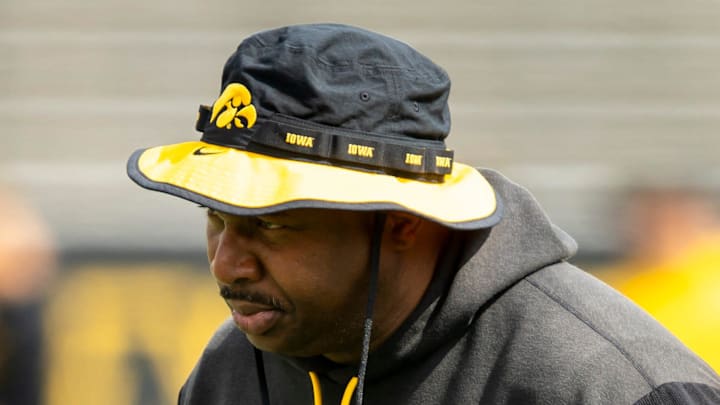Aug 9, 2025; Iowa running backs coach Omar Young looks on during the Hawkeyes Kids Day NCAA football open practice at Kinnick Stadium in Iowa City, Iowa. Mandatory Credit: Joseph Cress for the Des Moines Register