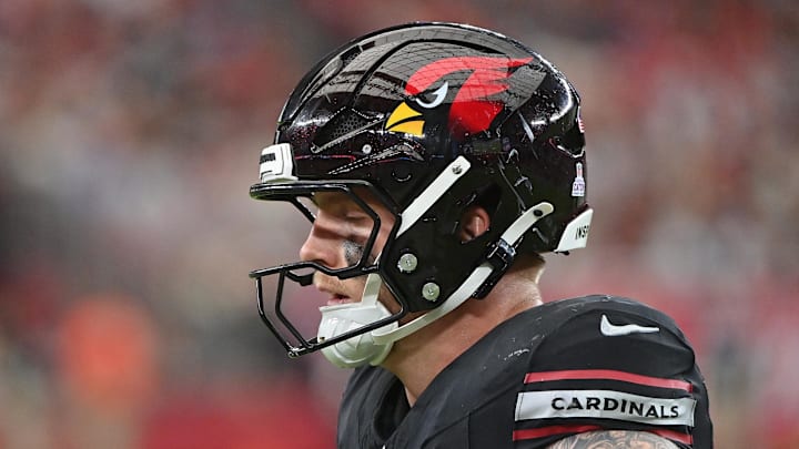 Oct 5, 2025; Glendale, Arizona, USA; Arizona Cardinals tight end Trey McBride (85) stands on the field during the fourth quarter against the Tennessee Titans at State Farm Stadium. Mandatory Credit: Matt Kartozian-Imagn Images