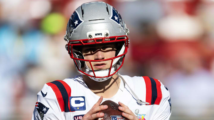 Feb 8, 2026; Santa Clara, CA, USA; New England Patriots quarterback Drake Maye (10) against the Seattle Seahawks during Super Bowl LX at Levi's Stadium. Mandatory Credit: Mark J. Rebilas-Imagn Images