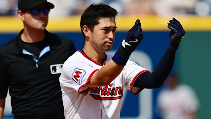 Jul 6, 2025; Cleveland, Ohio, USA; Cleveland Guardians left fielder Steven Kwan (38) celebrates after hitting an RBI double during the eighth inning against the Detroit Tigers at Progressive Field. Mandatory Credit: Ken Blaze-Imagn Images Jul 6, 2025; Cleveland, Ohio, USA; Cleveland Guardians left fielder Steven Kwan (38) celebrates after hitting an RBI double during the eighth inning against the Detroit Tigers at Progressive Field. Mandatory Credit: Ken Blaze-Imagn Images