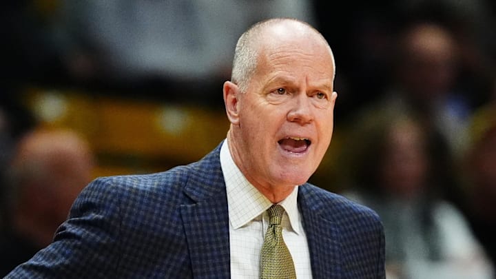 Dec 21, 2024; Boulder, Colorado, USA; Colorado Buffaloes head coach Tad Boyle reacts in the first half against the Bellarmine Knights at CU Events Center. Dec 21, 2024; Boulder, Colorado, USA; Colorado Buffaloes head coach Tad Boyle reacts in the first half against the Bellarmine Knights at CU Events Center.
