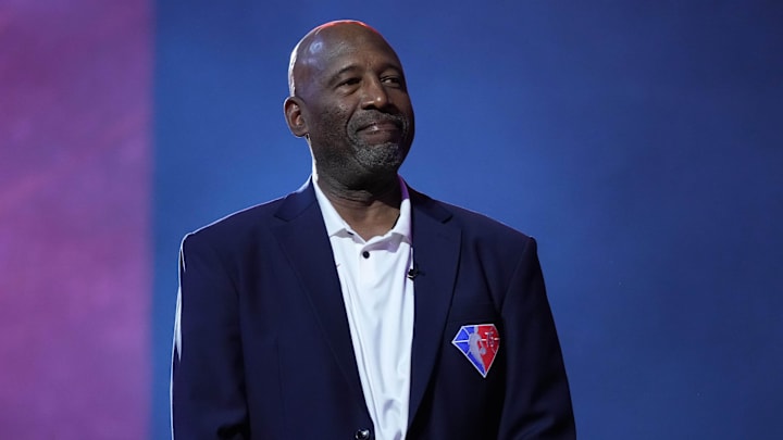 Feb 18, 2022; Cleveland, Ohio, USA; Team Worthy head coach James Worthy is introduced during the 2022 NBA Rising Stars Challenge at Rocket Mortgage Fieldhouse. Mandatory Credit: Kyle Terada-Imagn Images