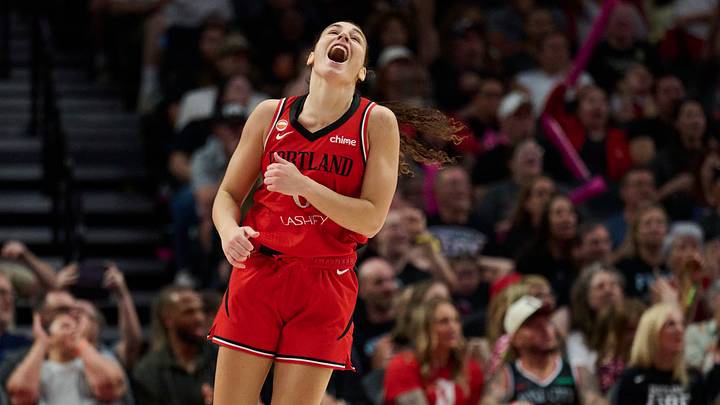 Aug 6, 2026; Portland, Oregon, USA; Portland Fire guard Carla Leite (0) reacts during the second half after missing a three point basket against the Toronto Tempo at Moda Center. Mandatory Credit: Troy Wayrynen-Imagn Images