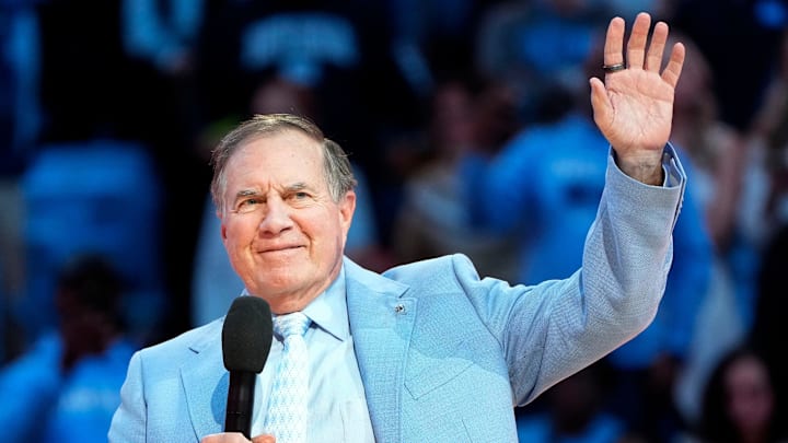 Dec 14, 2024; Chapel Hill, North Carolina, USA; North Carolina Tar Heels head football coach Bill Belichick during half time at Dean E. Smith Center. Mandatory Credit: Bob Donnan-Imagn Images