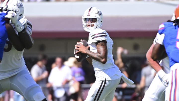 Sep 21, 2024; Starkville, Mississippi, USA; Mississippi State Bulldogs quarterback Michael Van Buren Jr. (0) drops back to pass against the Florida Gators during the fourth quarter at Davis Wade Stadium at Scott Field. Mandatory Credit: Matt Bush-Imagn Images