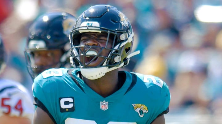 Jacksonville Jaguars linebacker Foyesade Oluokun (23) celebrates a stop during early second quarter action. The Jacksonville Jaguars hosted the Houston Texans at TIAA Bank Field in Jacksonville, FL Sunday, October 9, 2022. [Bob Self/Florida Times-Union]

Jki 101022 Bs Jaguars Vs Texans 42