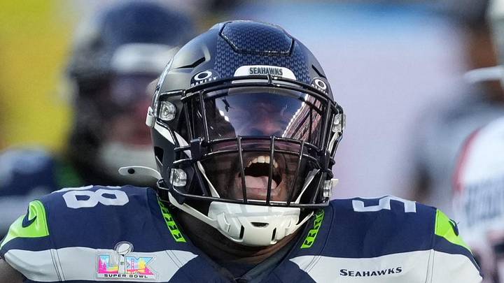Seattle Seahawks linebacker Derick Hall celebrates against the New England Patriots