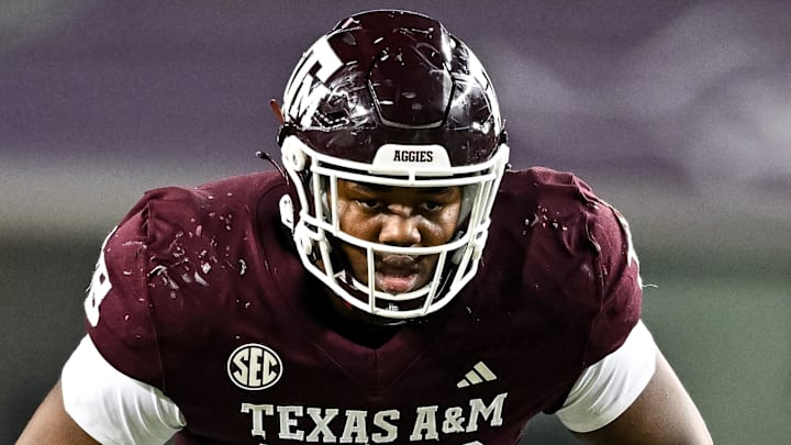 Nov 11, 2023; College Station, Texas, USA; Texas A&M Aggies offensive lineman Dametrious Crownover (78) in action during the second half against the Mississippi State Bulldogs at Kyle Field. Mandatory Credit: Maria Lysaker-Imagn Images