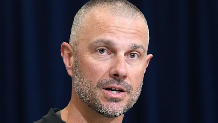 Feb 24, 2026; Indianapolis, IN, USA; Las Vegas Raiders general manager John Spytek speaks at the NFL Scouting Combine at the Indiana Convention Center. Mandatory Credit: Kirby Lee-Imagn Images