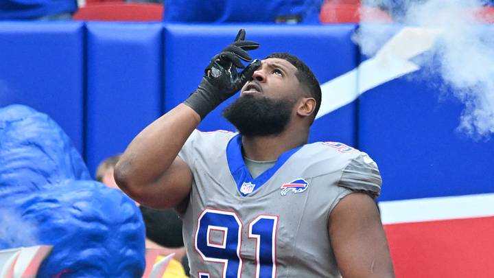 Sep 27, 2026; Orchard Park, New York, USA;  Buffalo Bills defensive tackle Ed Oliver (91) enters the field prior to the game against the Los Angeles Chargers at New Highmark Stadium.  Mandatory Credit: Mark Konezny-Imagn Images