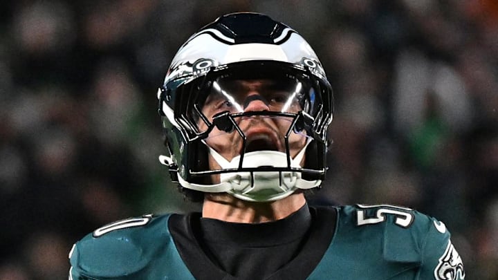 Nov 16, 2025; Philadelphia, Pennsylvania, USA; Philadelphia Eagles linebacker Jaelan Phillips (50) celebrates a sack against the Detroit Lions at Lincoln Financial Field. Mandatory Credit: Eric Hartline-Imagn Images