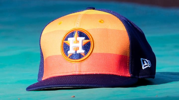 Apr 9, 2024; Kansas City, Missouri, USA; A general view of Houston Astros second base Jose Altuve (27) hat on the field during batting practice prior to a game against the Kansas City Royals at Kauffman Stadium. Mandatory Credit: Denny Medley-Imagn Images Apr 9, 2024; Kansas City, Missouri, USA; A general view of Houston Astros second base Jose Altuve (27) hat on the field during batting practice prior to a game against the Kansas City Royals at Kauffman Stadium. Mandatory Credit: Denny Medley-Imagn Images