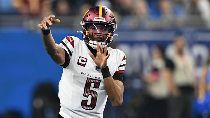 Jan 18, 2025; Detroit, Michigan, USA; Washington Commanders quarterback Jayden Daniels (5) throws a pass during the first quarter against Detroit Lions in a 2025 NFC divisional round game at Ford Field. Mandatory Credit: Lon Horwedel-Imagn Images Jan 18, 2025; Detroit, Michigan, USA; Washington Commanders quarterback Jayden Daniels (5) throws a pass during the first quarter against Detroit Lions in a 2025 NFC divisional round game at Ford Field. Mandatory Credit: Lon Horwedel-Imagn Images