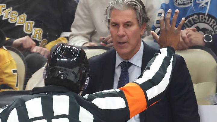 Mar 24, 2026; Pittsburgh, Pennsylvania, USA; Colorado Avalanche head. Coach Jared Bednar (right) asks referee Jordan Samuels-Thomas (37) to review a goal by the Pittsburgh Penguins during the second period at PPG Paints Arena. Mandatory Credit: Charles LeClaire-Imagn Images Mar 24, 2026; Pittsburgh, Pennsylvania, USA; Colorado Avalanche head. Coach Jared Bednar (right) asks referee Jordan Samuels-Thomas (37) to review a goal by the Pittsburgh Penguins during the second period at PPG Paints Arena. Mandatory Credit: Charles LeClaire-Imagn Images