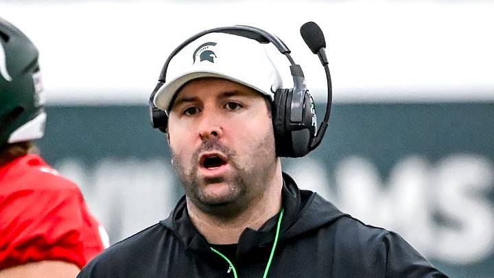 Michigan State's offensive coordinator Nick Sheridan works with the team during spring football practice on Tuesday, March 24, 2026, in East Lansing. Michigan State's offensive coordinator Nick Sheridan works with the team during spring football practice on Tuesday, March 24, 2026, in East Lansing.
