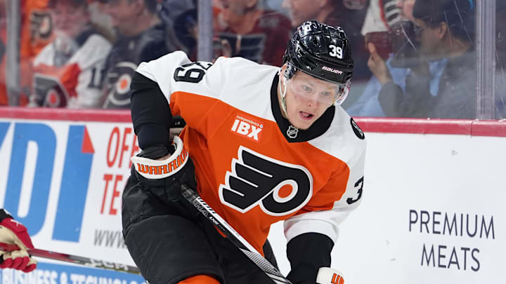 Apr 13, 2026; Philadelphia, Pennsylvania, USA; Philadelphia Flyers right wing Matvei Michkov (39) controls the puck against the Carolina Hurricanes in the first period at Xfinity Mobile Arena. Mandatory Credit: Kyle Ross-Imagn Images Apr 13, 2026; Philadelphia, Pennsylvania, USA; Philadelphia Flyers right wing Matvei Michkov (39) controls the puck against the Carolina Hurricanes in the first period at Xfinity Mobile Arena. Mandatory Credit: Kyle Ross-Imagn Images
