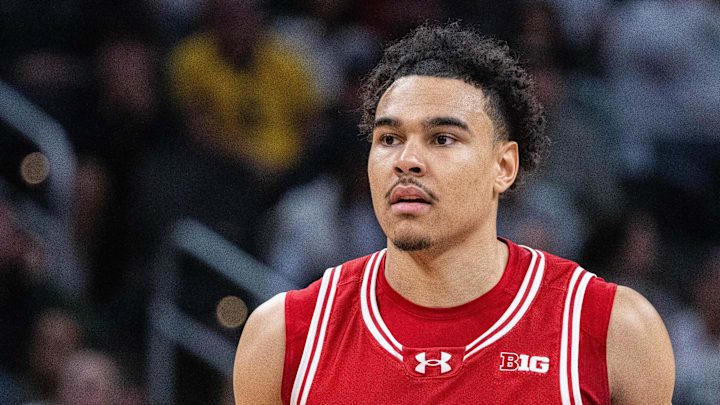 Mar 15, 2025; Indianapolis, IN, USA; Wisconsin Badgers guard John Tonje (9) in the second half  against the Michigan State Spartans at Gainbridge Fieldhouse. Mandatory Credit: Trevor Ruszkowski-Imagn Images