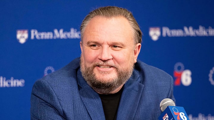 Dec 15, 2023; Philadelphia, Pennsylvania, USA; Philadelphia 76ers resident of Basketball Operations Daryl Morey speaks with the media before a game against the Detroit Pistons at Wells Fargo Center. Mandatory Credit: Bill Streicher-Imagn Images