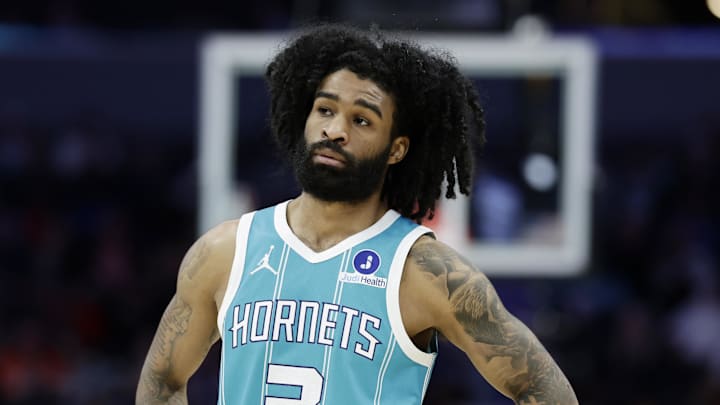 Mar 19, 2026; Charlotte, North Carolina, USA; Charlotte Hornets guard Coby White (3) stands on the court during the third quarter against the Orlando Magic at Spectrum Center. Mandatory Credit: Brian Westerholt-Imagn Images