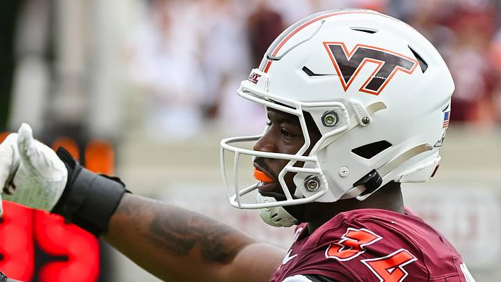 Sep 12, 2026; Blacksburg, Va.; Virginia Tech defensive end Cortez Harris (34) celebrates a sack. Sep 12, 2026; Blacksburg, Va.; Virginia Tech defensive end Cortez Harris (34) celebrates a sack.