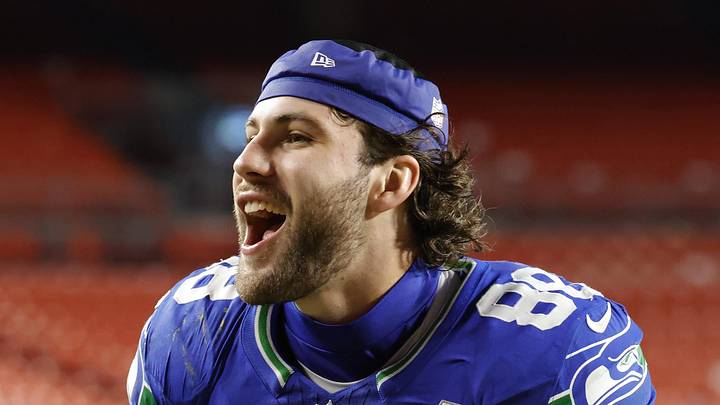 Seattle Seahawks tight end AJ Barner celebrates