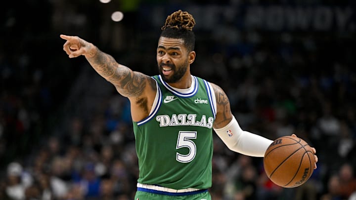Oct 26, 2025; Dallas, Texas, USA; Dallas Mavericks guard D'Angelo Russell (5) brings the ball up court during the game between the Mavericks and the Raptors at the American Airlines Center. Mandatory Credit: Jerome Miron-Imagn Images