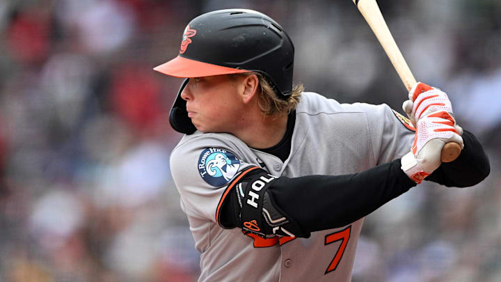 May 25, 2025; Boston, Massachusetts, USA; Baltimore Orioles second baseman Jackson Holliday (7) bats against the Boston Red Sox during the first inning at Fenway Park
