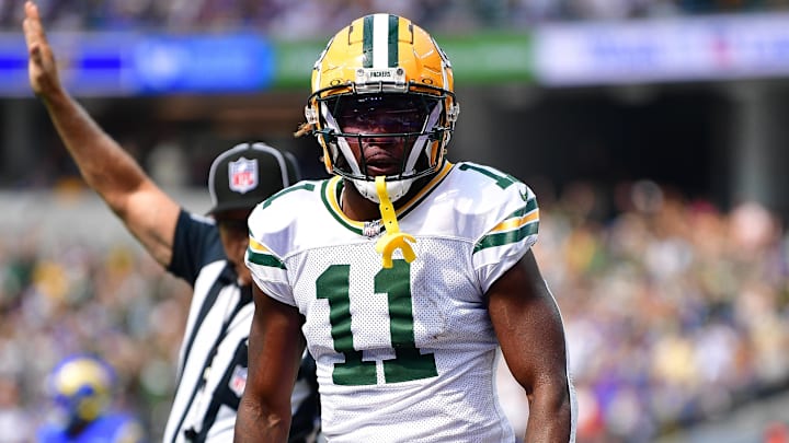 Oct 6, 2024; Inglewood, California, USA; Green Bay Packers wide receiver Jayden Reed (11) reacts after catching a pass against the Los Angeles Rams during the first half at SoFi Stadium. Mandatory Credit: Gary A. Vasquez-Imagn Images