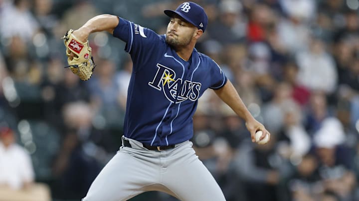 Apr 14, 2026; Chicago, Illinois, USA; Tampa Bay Rays starting pitcher Shane McClanahan (18) delivers a pitch against the Chicago White Sox during the first inning at Rate Field.