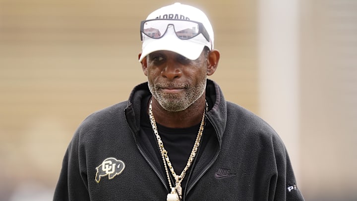 Oct 11, 2025; Boulder, Colorado, USA; Colorado Buffaloes head coach Deion Sanders before the game against the Iowa State Cyclones at Folsom Field. Mandatory Credit: Ron Chenoy-Imagn Images