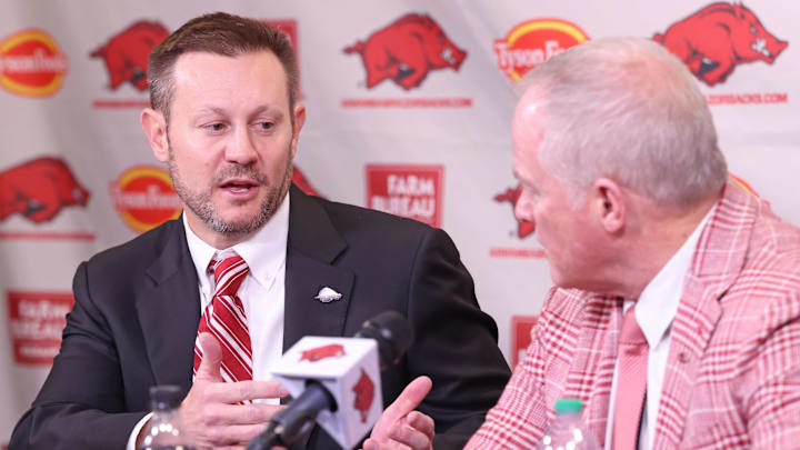 Arkansas Razorbacks coach Ryan Silverfield during his introductory press conference along with athletic director Hunter Yurachek at Frank Broyles Center.