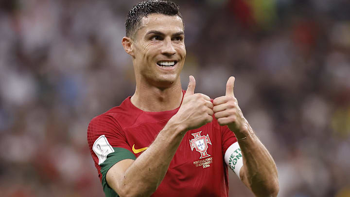 Portugal forward Cristiano Ronaldo (7) reacts during the second half of the group stage match in the 2022 World Cup at Lusail Stadium. Portugal forward Cristiano Ronaldo (7) reacts during the second half of the group stage match in the 2022 World Cup at Lusail Stadium.