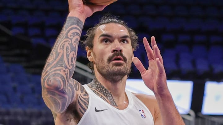 Mar 19, 2025; Orlando, Florida, USA; Houston Rockets center Steven Adams (12) warms up before the game against the Orlando Magic at Kia Center. Mandatory Credit: Mike Watters-Imagn Images