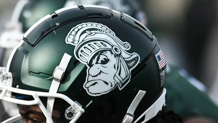Michigan State's Maliq Carr and the Spartans sport the gruff Sparty helmet for the game against Indiana on Saturday, Nov. 19, 2022, at Spartan Stadium in East Lansing.