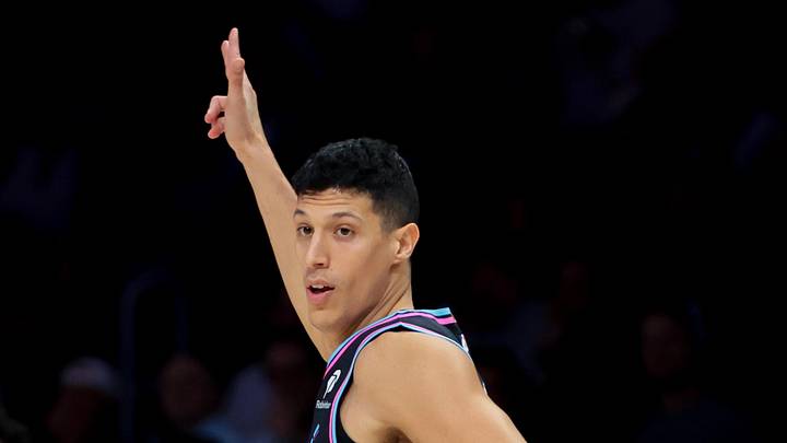 Nov 17, 2025; Miami, Florida, USA; Miami Heat forward Simone Fontecchio (0) reacts after scoring against the New York Knicks during the first quarter at Kaseya Center. Mandatory Credit: Sam Navarro-Imagn Images